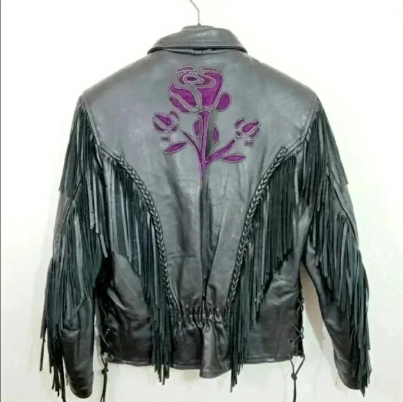 Black Leather Vintage Western Fringe Jacket with Purple Embroidery – Medium - Picture 5 of 16